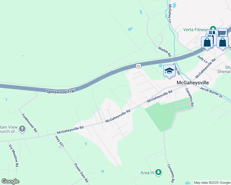 map of restaurants, bars, coffee shops, grocery stores, and more near 50 South Peak Drive in McGaheysville
