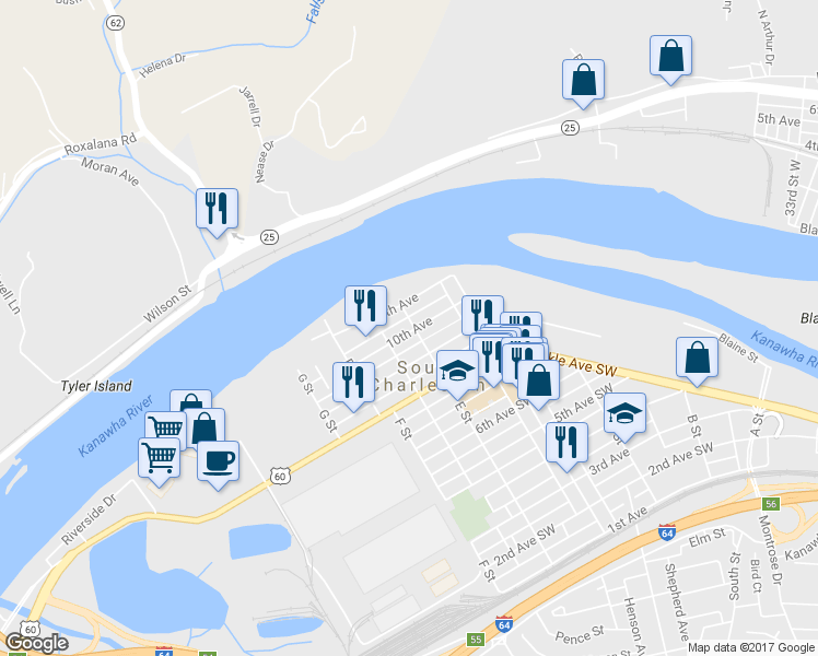 map of restaurants, bars, coffee shops, grocery stores, and more near 1005 10th Ave in South Charleston