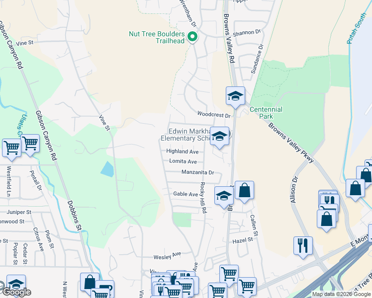 map of restaurants, bars, coffee shops, grocery stores, and more near 136 Highland Avenue in Vacaville