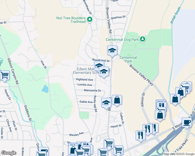 map of restaurants, bars, coffee shops, grocery stores, and more near 131 Rocky Hill Road in Vacaville