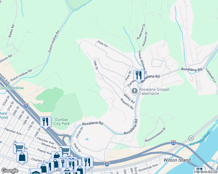 map of restaurants, bars, coffee shops, grocery stores, and more near 140 Roberts Road in Dunbar