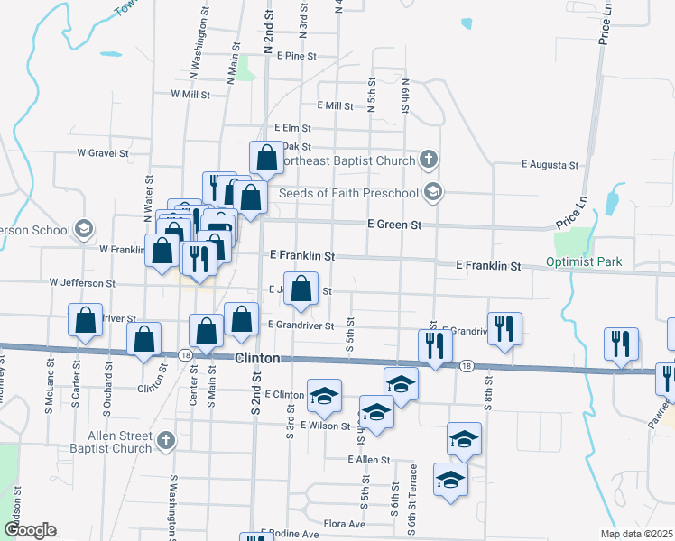 map of restaurants, bars, coffee shops, grocery stores, and more near 109 South 4th Street in Clinton