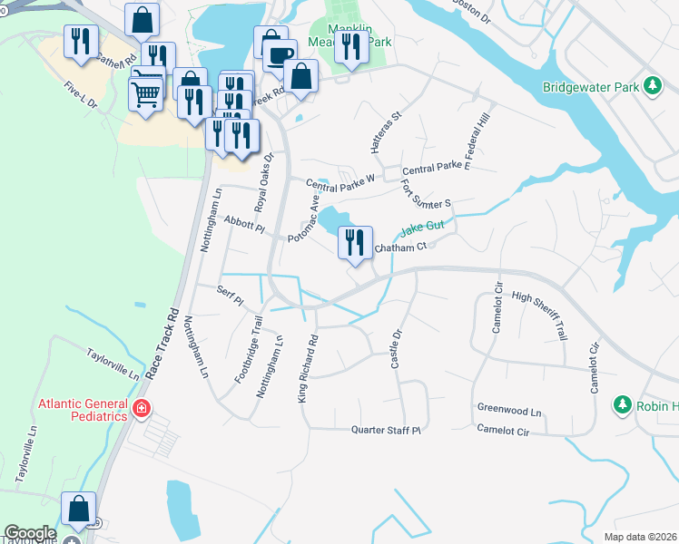 map of restaurants, bars, coffee shops, grocery stores, and more near 1135 Ocean Parkway in Ocean Pines
