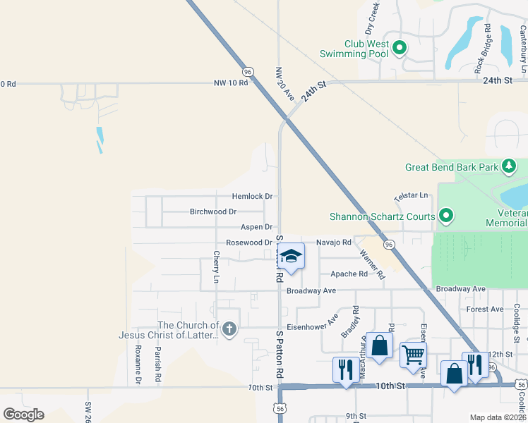 map of restaurants, bars, coffee shops, grocery stores, and more near 5801 Birchwood Drive in Great Bend