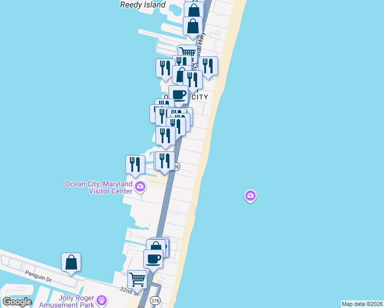 map of restaurants, bars, coffee shops, grocery stores, and more near 5 44th Street in Ocean City