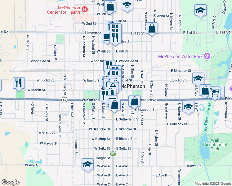 map of restaurants, bars, coffee shops, grocery stores, and more near 116 North Main Street in McPherson