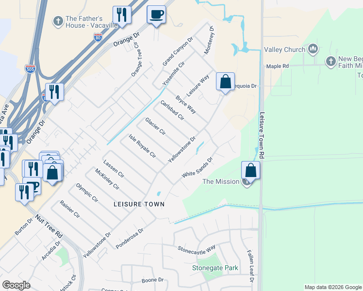 map of restaurants, bars, coffee shops, grocery stores, and more near 194 Glacier Circle in Vacaville