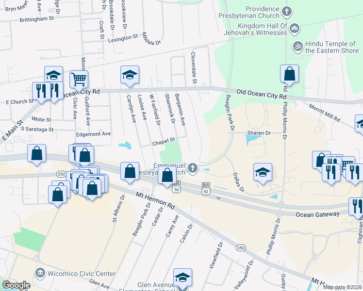 map of restaurants, bars, coffee shops, grocery stores, and more near 135 Shamrock Drive in Salisbury