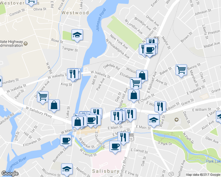 map of restaurants, bars, coffee shops, grocery stores, and more near 100 East William Street in Salisbury