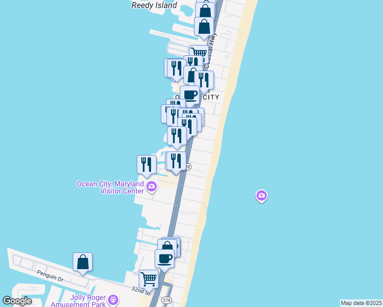 map of restaurants, bars, coffee shops, grocery stores, and more near 4306 Coastal Highway in Ocean City