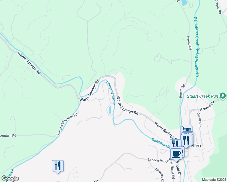 map of restaurants, bars, coffee shops, grocery stores, and more near 4640 Warm Springs Road in Glen Ellen