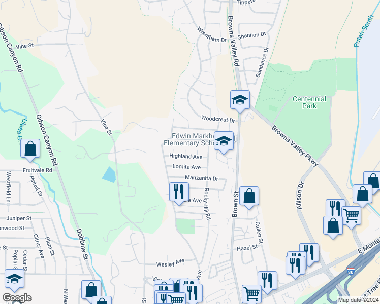 map of restaurants, bars, coffee shops, grocery stores, and more near 114 San Luis Court in Vacaville