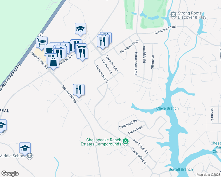 map of restaurants, bars, coffee shops, grocery stores, and more near 269 Pawnee Lane in Lusby