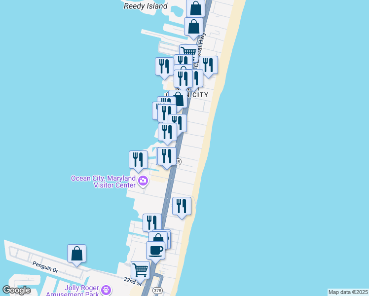 map of restaurants, bars, coffee shops, grocery stores, and more near 15 44th Street in Ocean City