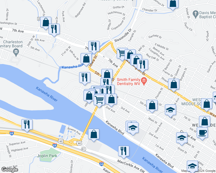 map of restaurants, bars, coffee shops, grocery stores, and more near 441 Patrick Street in Charleston