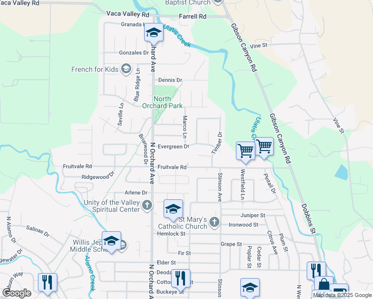 map of restaurants, bars, coffee shops, grocery stores, and more near 354 Evergreen Drive in Vacaville