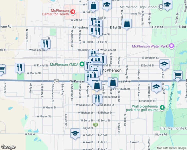 map of restaurants, bars, coffee shops, grocery stores, and more near 116 North Main Street in McPherson
