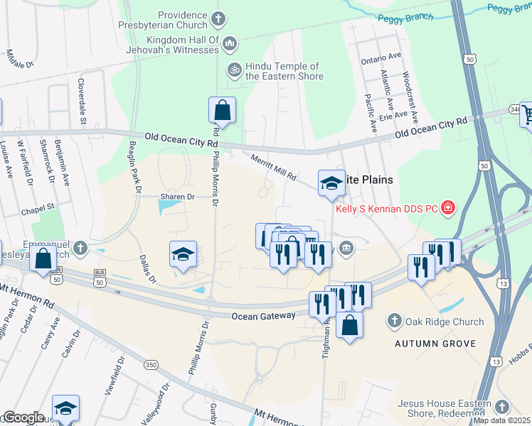 map of restaurants, bars, coffee shops, grocery stores, and more near 215 Mill Woods Circle in Salisbury