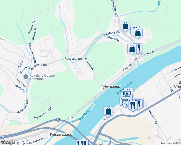 map of restaurants, bars, coffee shops, grocery stores, and more near 505 Caldwell Lane in Dunbar