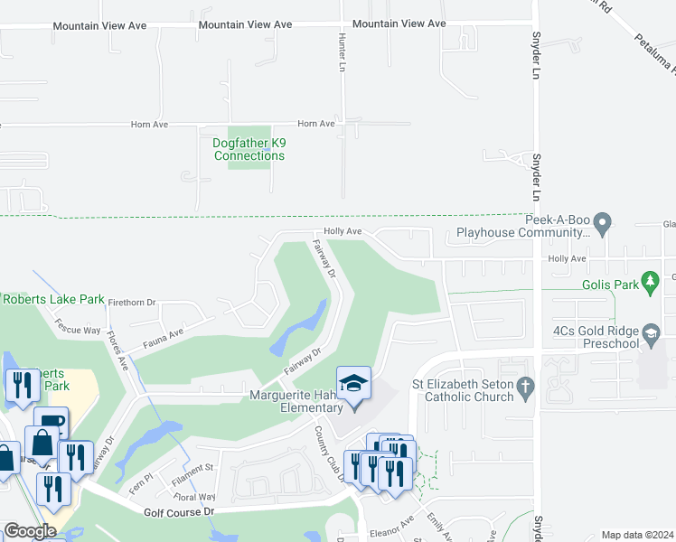 map of restaurants, bars, coffee shops, grocery stores, and more near 4370 Fairway Drive in Rohnert Park