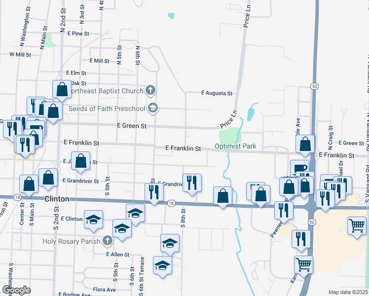 map of restaurants, bars, coffee shops, grocery stores, and more near 799 E Franklin St in Clinton