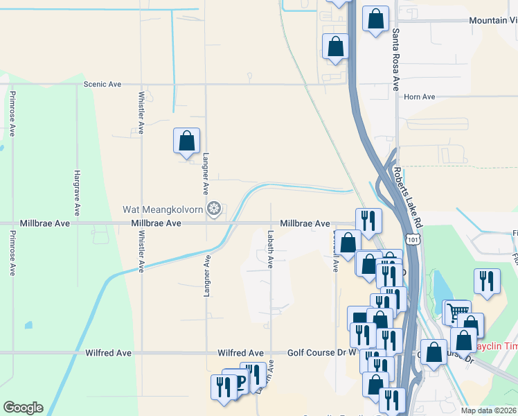 map of restaurants, bars, coffee shops, grocery stores, and more near 225 Millbrae Avenue in Santa Rosa