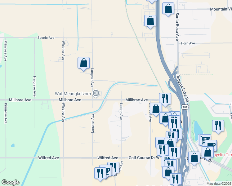map of restaurants, bars, coffee shops, grocery stores, and more near 225 Millbrae Avenue in Santa Rosa