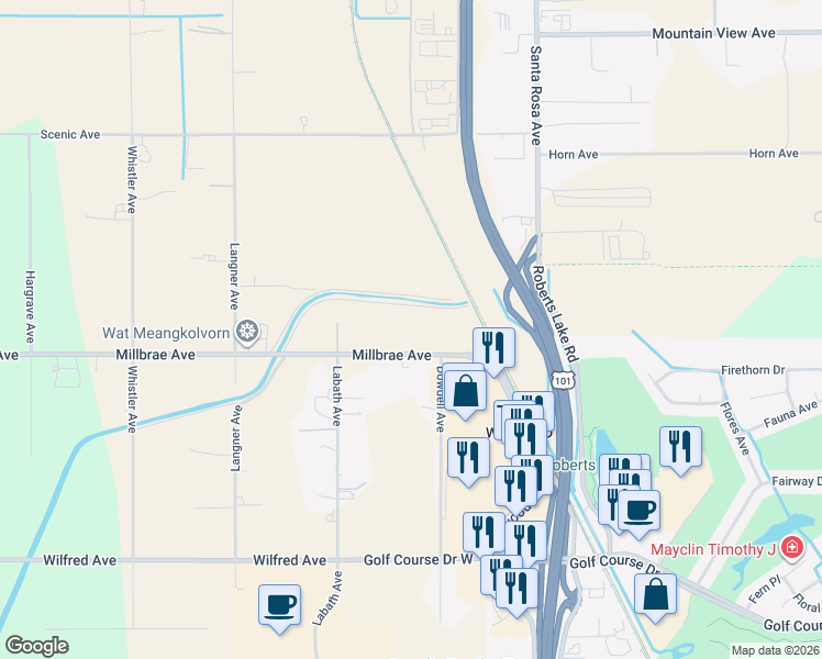 map of restaurants, bars, coffee shops, grocery stores, and more near 108 Millbrae Avenue in Santa Rosa