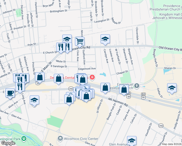 map of restaurants, bars, coffee shops, grocery stores, and more near 1301 Belmont Avenue in Salisbury