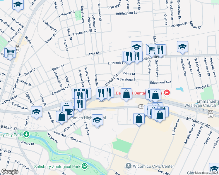 map of restaurants, bars, coffee shops, grocery stores, and more near 1104 Healthway Drive in Salisbury