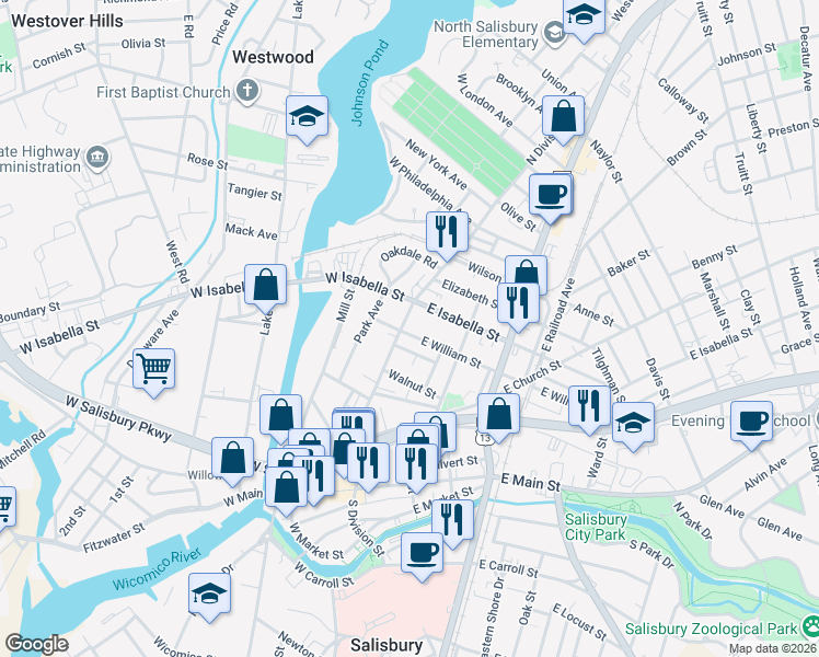 map of restaurants, bars, coffee shops, grocery stores, and more near 401 North Division Street in Salisbury