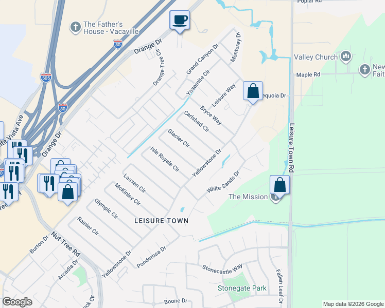 map of restaurants, bars, coffee shops, grocery stores, and more near 111 Glacier Circle in Vacaville