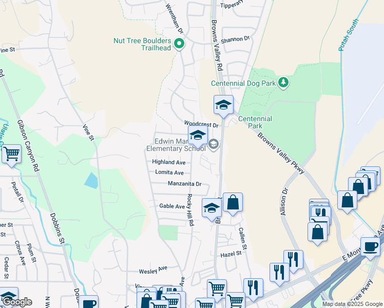 map of restaurants, bars, coffee shops, grocery stores, and more near 131 Rocky Hill Road in Vacaville