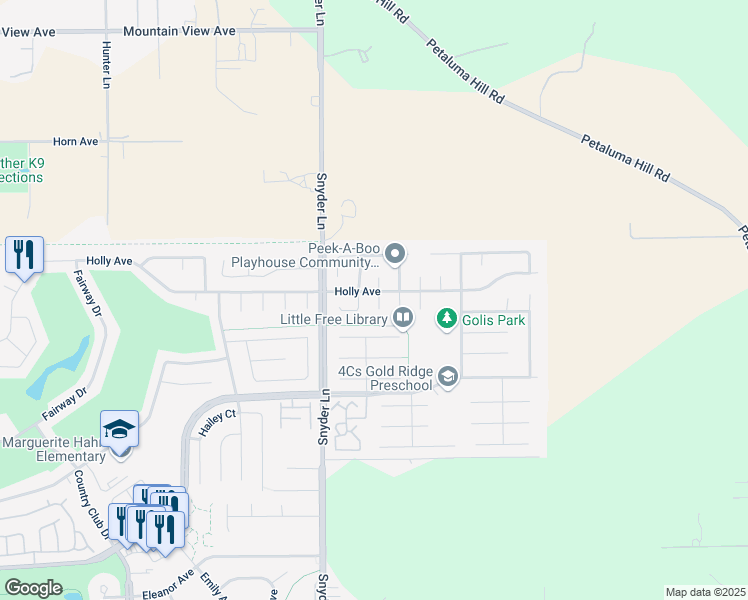 map of restaurants, bars, coffee shops, grocery stores, and more near 4331 Grace Court in Rohnert Park