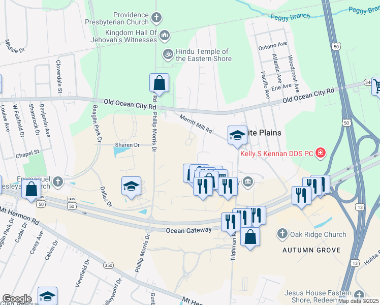 map of restaurants, bars, coffee shops, grocery stores, and more near 215 Mill Woods Circle in Salisbury
