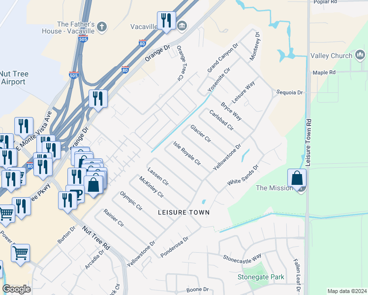 map of restaurants, bars, coffee shops, grocery stores, and more near 166 Isle Royale Circle in Vacaville