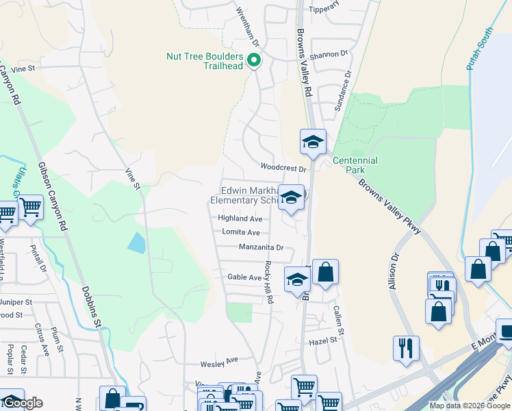 map of restaurants, bars, coffee shops, grocery stores, and more near 136 Highland Avenue in Vacaville