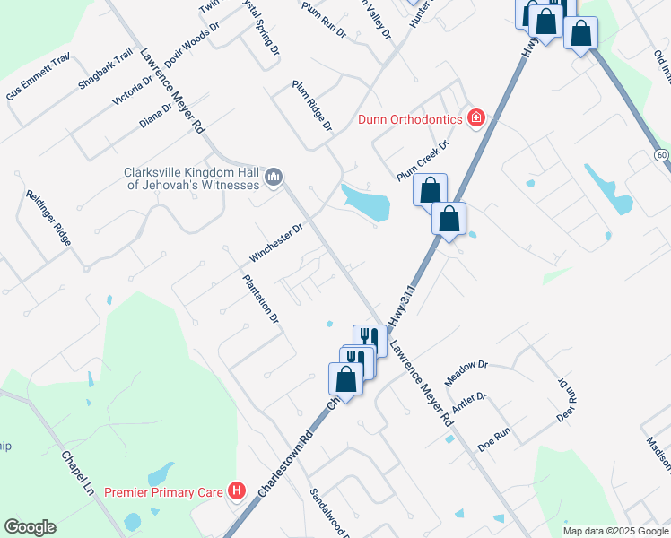 map of restaurants, bars, coffee shops, grocery stores, and more near 2520 Quail Chase Court in Sellersburg