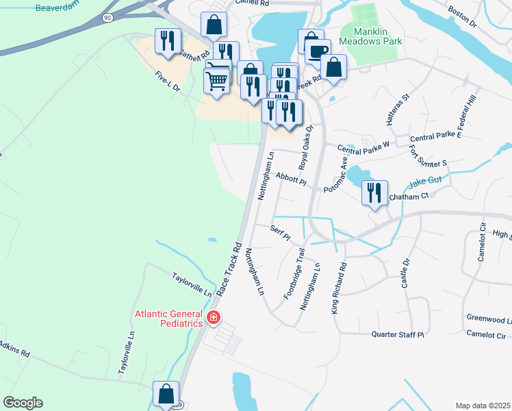 map of restaurants, bars, coffee shops, grocery stores, and more near 52 Nottingham Lane in Ocean Pines