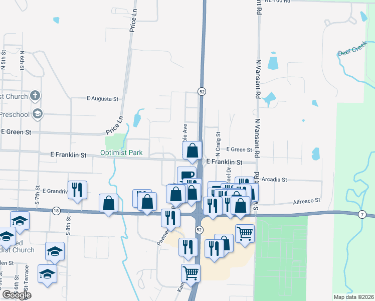 map of restaurants, bars, coffee shops, grocery stores, and more near 1401 East Franklin Street in Clinton