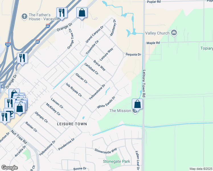 map of restaurants, bars, coffee shops, grocery stores, and more near 580 Yellowstone Drive in Vacaville