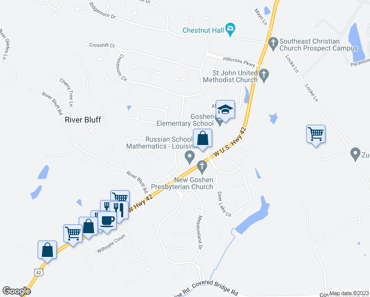 map of restaurants, bars, coffee shops, grocery stores, and more near 13408 Prospect Glen Way in Prospect
