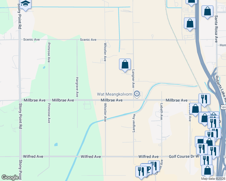 map of restaurants, bars, coffee shops, grocery stores, and more near 391 Millbrae Avenue in Santa Rosa