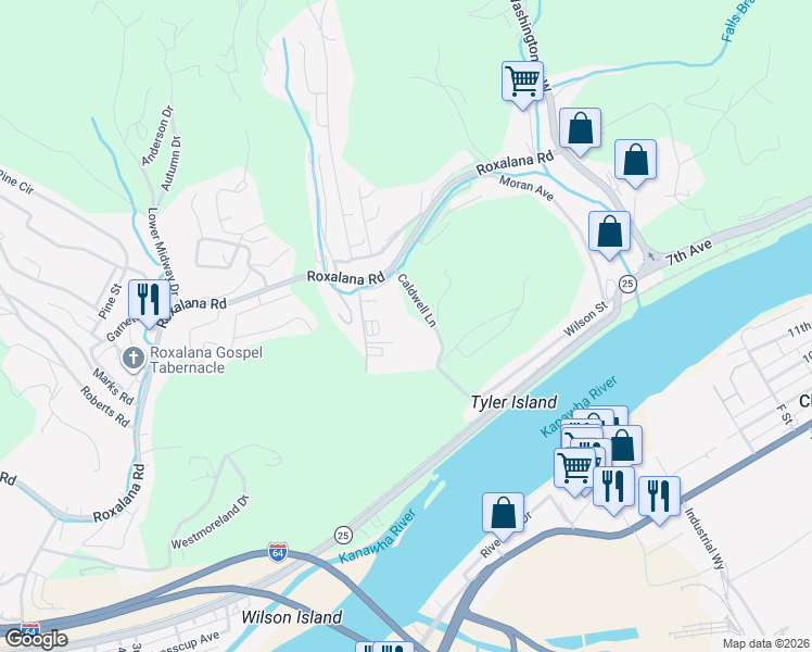 map of restaurants, bars, coffee shops, grocery stores, and more near 505 Caldwell Lane in Dunbar