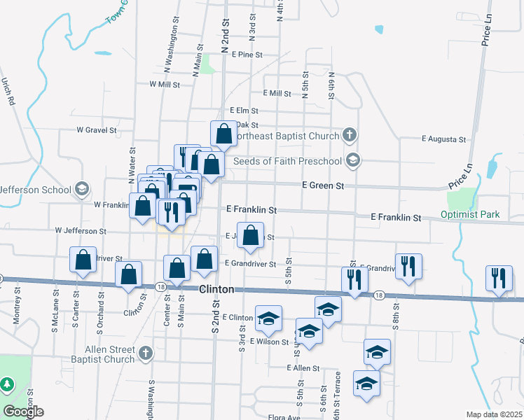 map of restaurants, bars, coffee shops, grocery stores, and more near 109 South 4th Street in Clinton