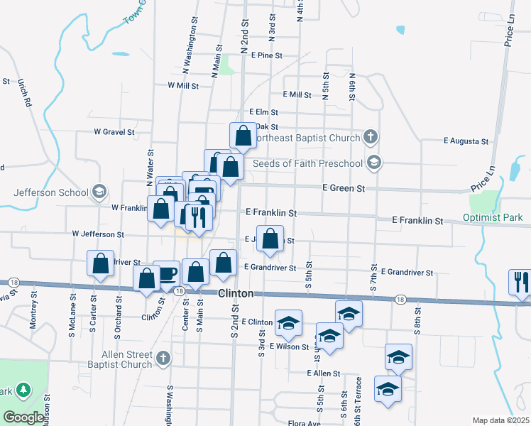 map of restaurants, bars, coffee shops, grocery stores, and more near 143-151 South 3rd Street in Clinton