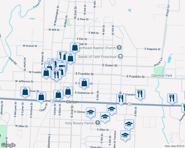 map of restaurants, bars, coffee shops, grocery stores, and more near 101 North 4th Street in Clinton