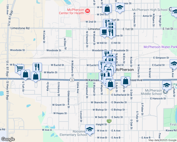 map of restaurants, bars, coffee shops, grocery stores, and more near 322 West Marlin Street in McPherson