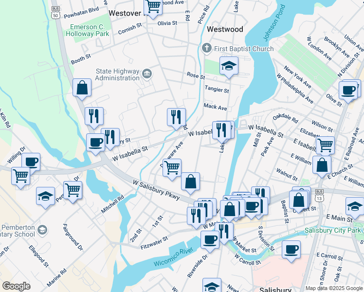 map of restaurants, bars, coffee shops, grocery stores, and more near 409 Delaware Avenue in Salisbury