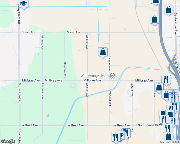 map of restaurants, bars, coffee shops, grocery stores, and more near 391 Millbrae Avenue in Santa Rosa